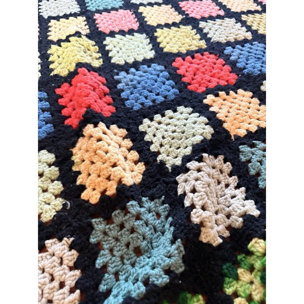 Huge‎ Vintage Crochet Afghan Granny Square Rainbow Black 66*80 Roseanne Big Bang